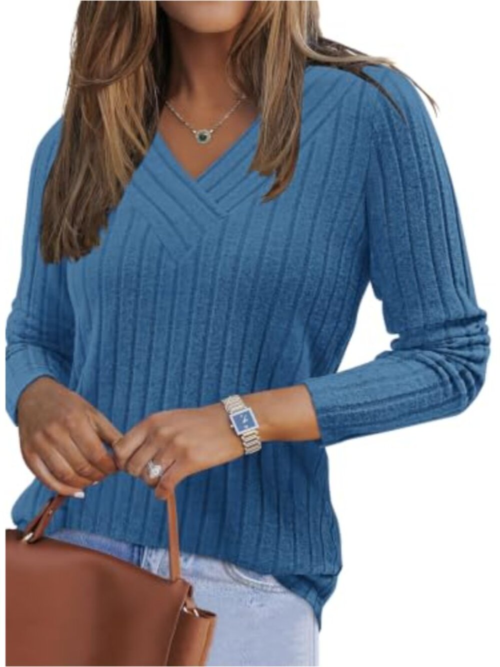 Women's V-Neck Long Sleeve Knit Sweater - Lightweight Pullover